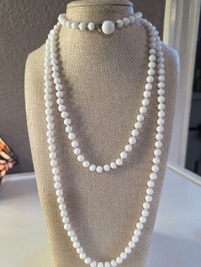 Vintage Long White Milk Glass Beaded Necklace